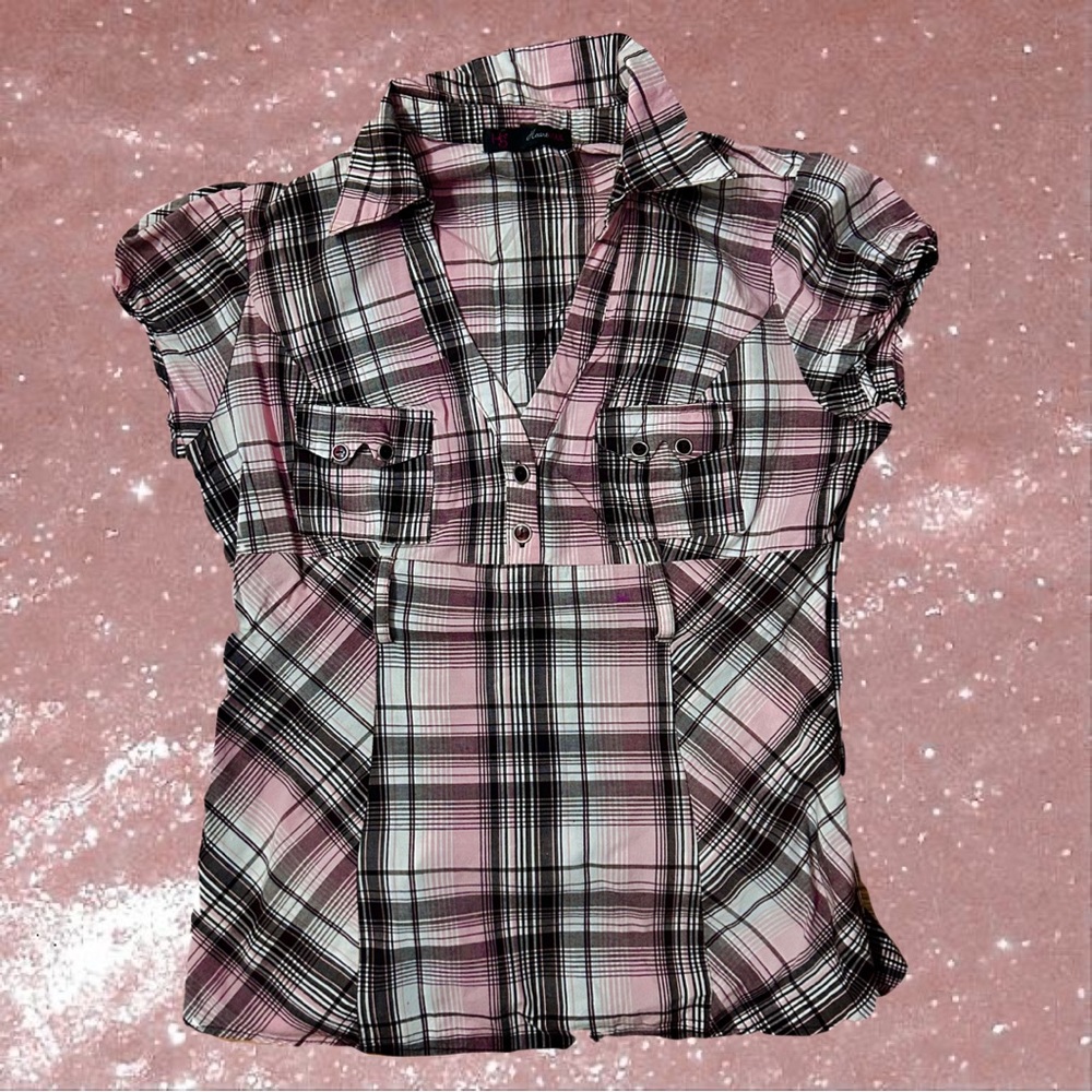 pink brown & white plaid top 🍥